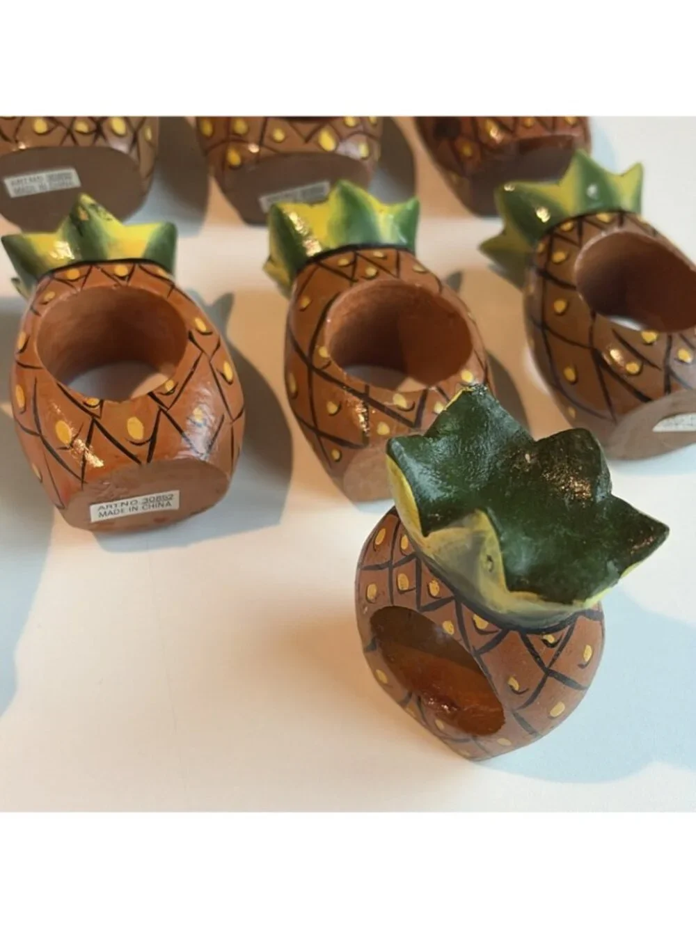 8 Vintage Wooden Painted Pineapple Napkin Rings Table Decor Tiki New England